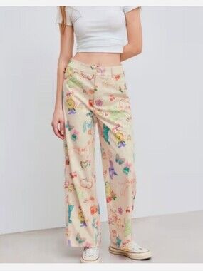 Cider Corduroy Pants Wide Leg Animals & Fruit Printed Wearable Art Cream Size M